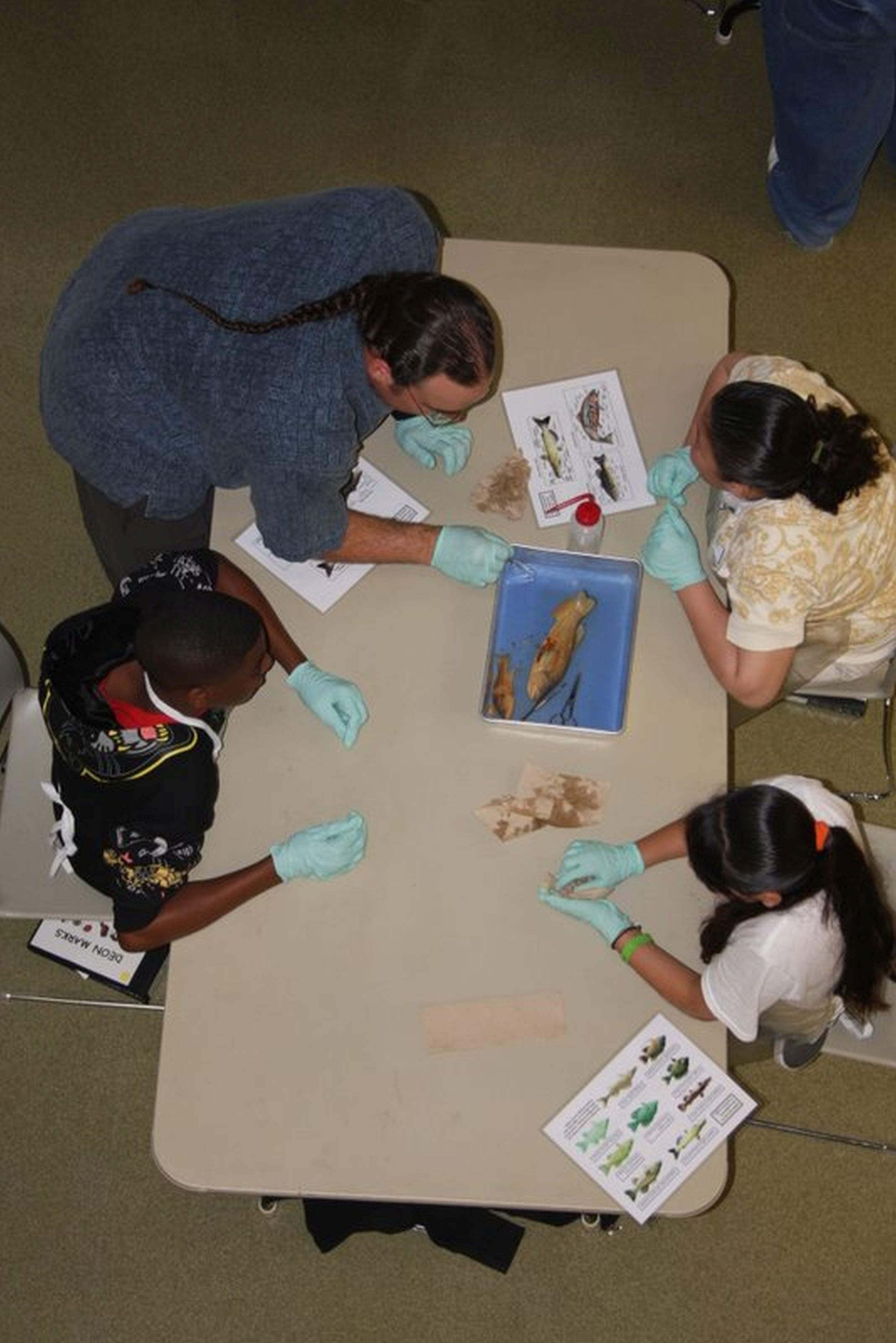 Participants examine fish with the help of Adam Blackwood.