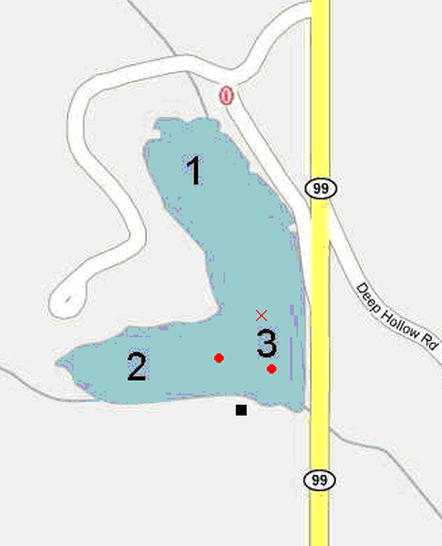Map of Pottawatomie State Fishing Lake with sampling points (numbered) and pump outlets (functional – red dot, dysfunctional – red “x”).