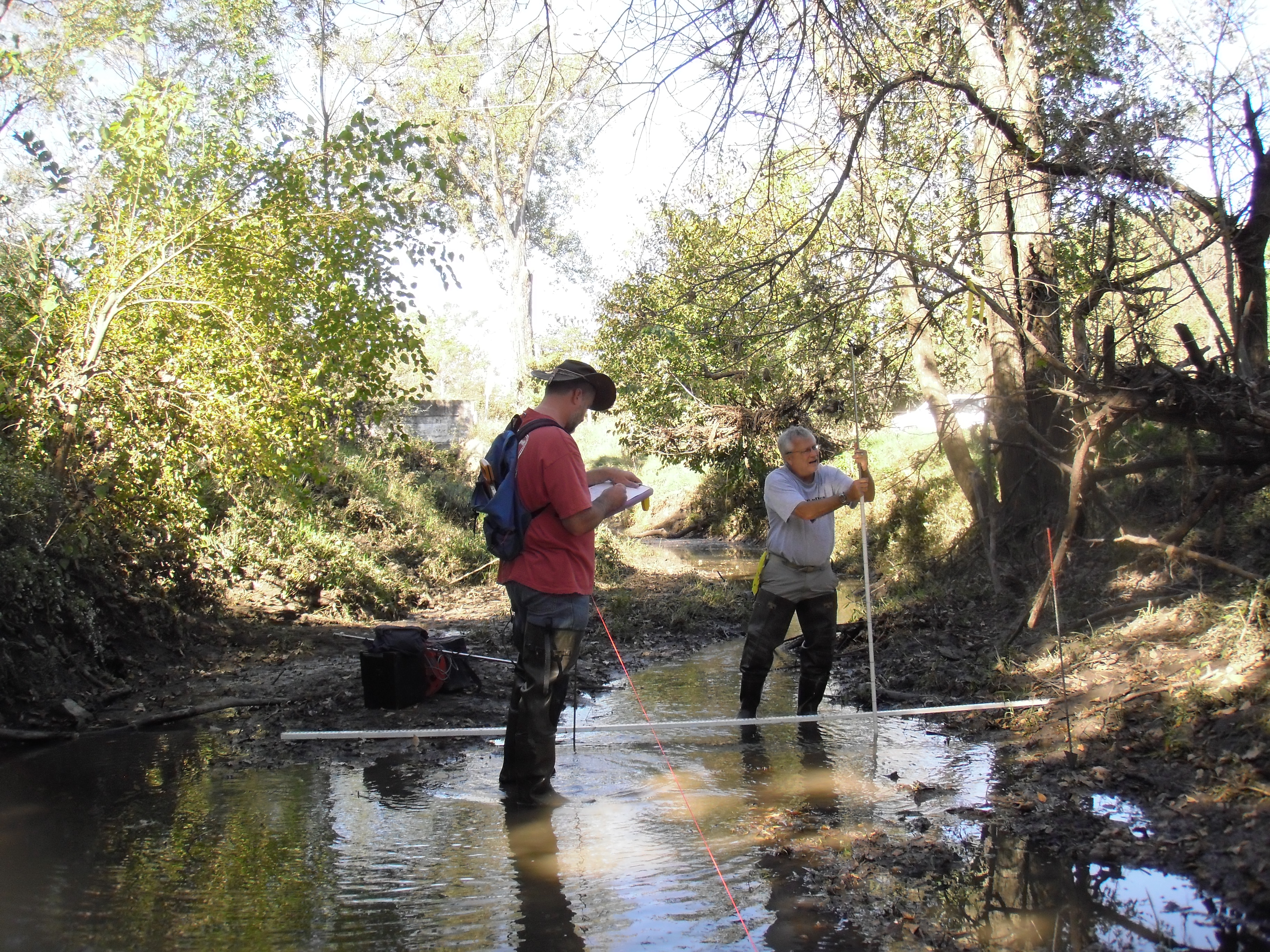 Taking measurements on Clear Creek, October 2010.