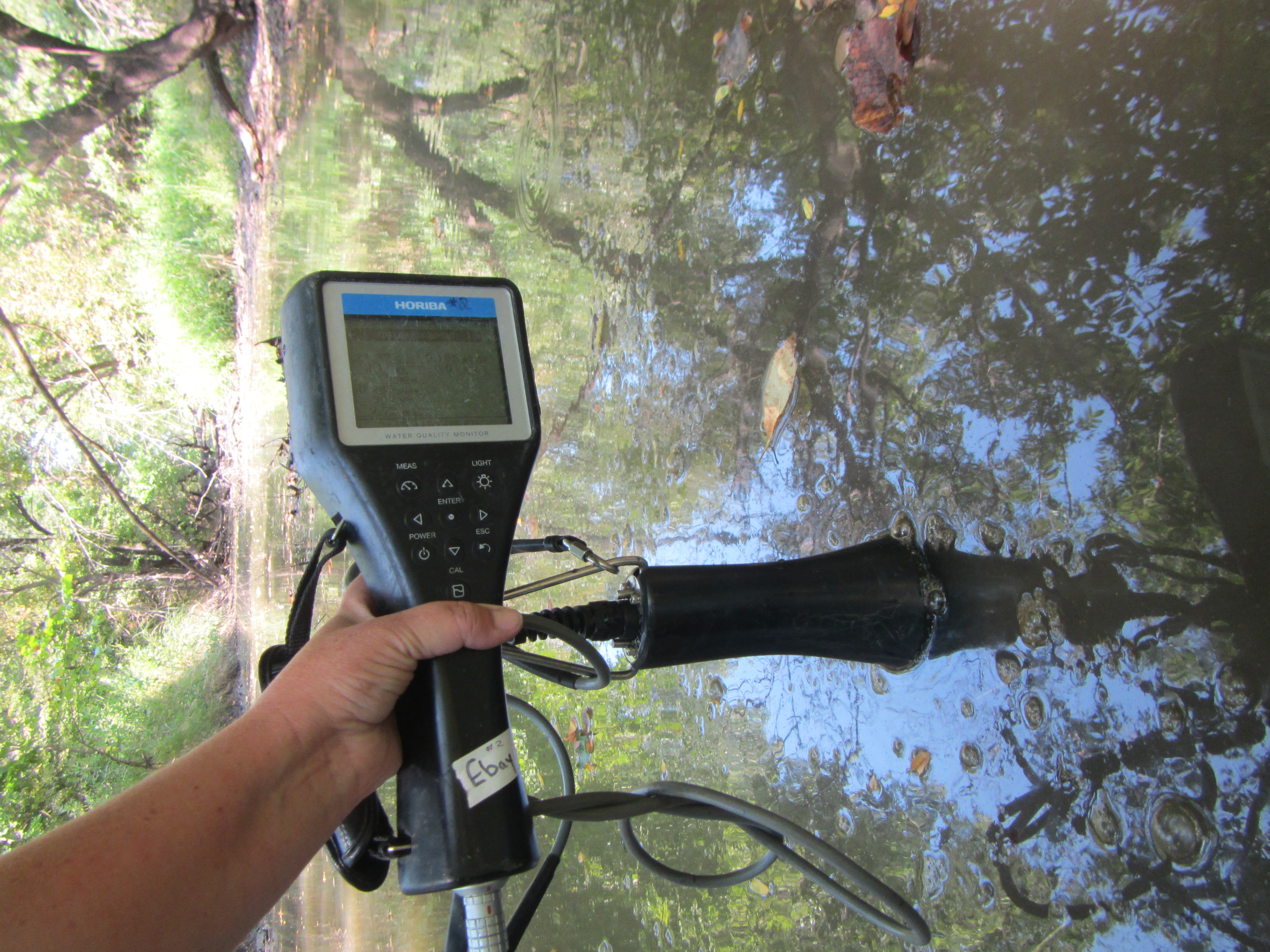A researcher uses a probe to measure water chemistry in Bull Creek, McPherson, Kansas
