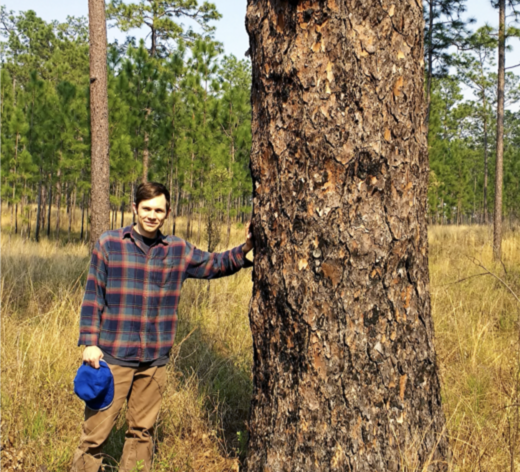 "Jacob Hopkins standing near pine tree"