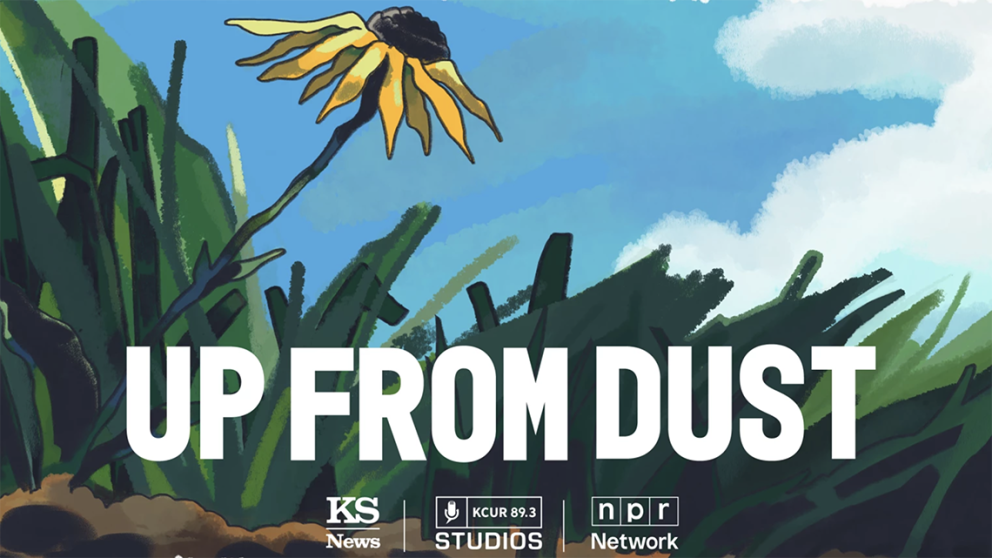 Illustration of yellow flower, grass and sky with Up From Dust text overlay